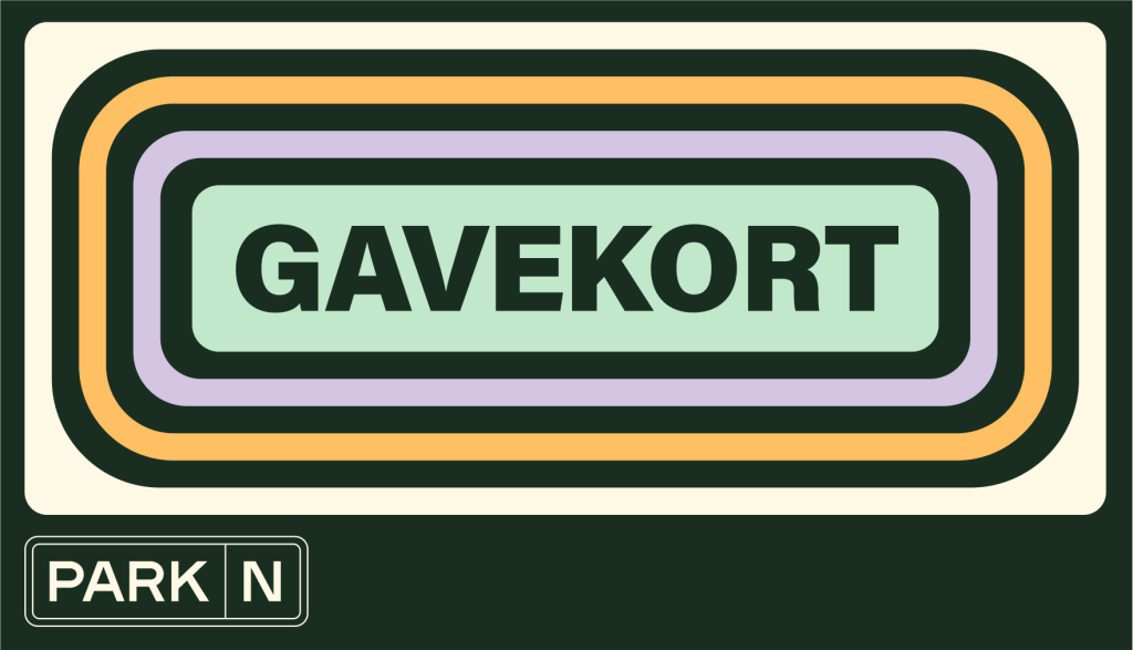 ParkN gavekort — konsentriske retro-rammer i grønt, krem, lavendel, safran og mint